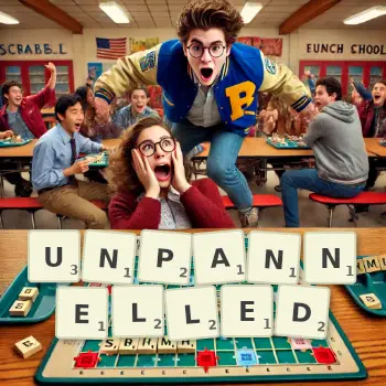 Creative illustration for a Scrabble game with the word UNPANNELLED spelled out in tiles on the board.