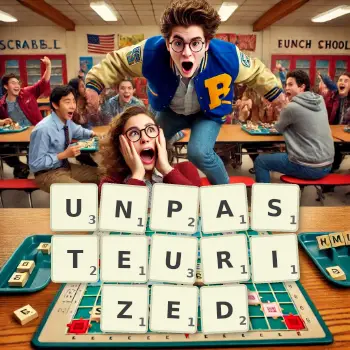 Creative illustration for a Scrabble game with the word UNPASTEURIZED spelled out in tiles on the board.