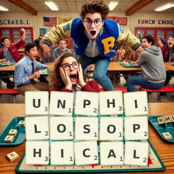 Creative illustration for a Scrabble game with the word UNPHILOSOPHICAL spelled out in tiles on the board.