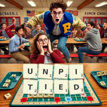 Creative illustration for a Scrabble game with the word UNPITIED spelled out in tiles on the board.