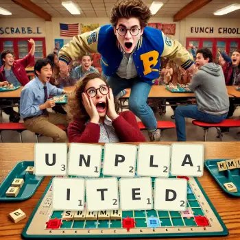 Creative illustration for a Scrabble game with the word UNPLAITED spelled out in tiles on the board.
