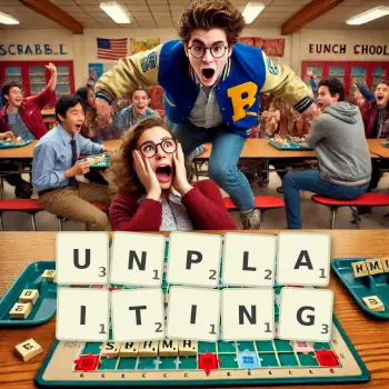 Creative illustration for a Scrabble game with the word UNPLAITING spelled out in tiles on the board.