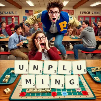 Creative illustration for a Scrabble game with the word UNPLUMING spelled out in tiles on the board.