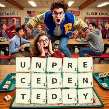 Creative illustration for a Scrabble game with the word UNPRECEDENTEDLY spelled out in tiles on the board.