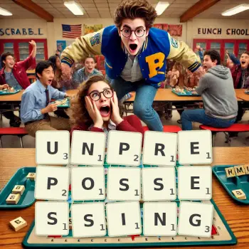 Creative illustration for a Scrabble game with the word UNPREPOSSESSING spelled out in tiles on the board.