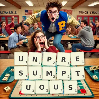 Creative illustration for a Scrabble game with the word UNPRESUMPTUOUS spelled out in tiles on the board.