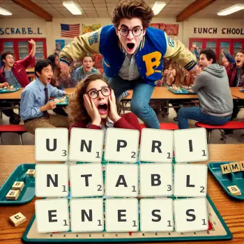 Creative illustration for a Scrabble game with the word UNPRINTABLENESS spelled out in tiles on the board.