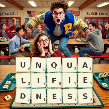 Creative illustration for a Scrabble game with the word UNQUALIFIEDNESS spelled out in tiles on the board.