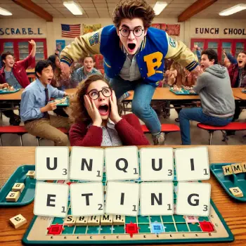 Creative illustration for a Scrabble game with the word UNQUIETING spelled out in tiles on the board.