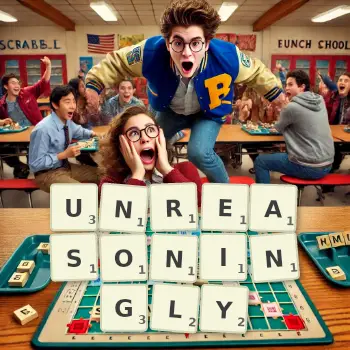 Creative illustration for a Scrabble game with the word UNREASONINGLY spelled out in tiles on the board.