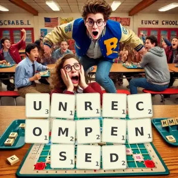 Creative illustration for a Scrabble game with the word UNRECOMPENSED spelled out in tiles on the board.