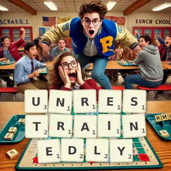 Creative illustration for a Scrabble game with the word UNRESTRAINEDLY spelled out in tiles on the board.