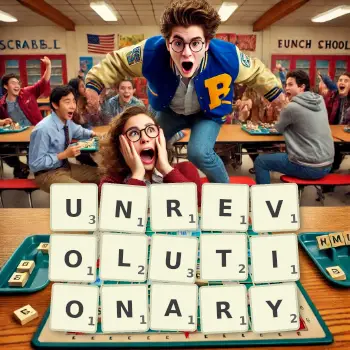 Creative illustration for a Scrabble game with the word UNREVOLUTIONARY spelled out in tiles on the board.