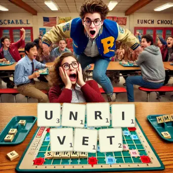 Creative illustration for a Scrabble game with the word UNRIVET spelled out in tiles on the board.