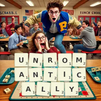 Creative illustration for a Scrabble game with the word UNROMANTICALLY spelled out in tiles on the board.