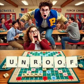 Creative illustration for a Scrabble game with the word UNROOF spelled out in tiles on the board.