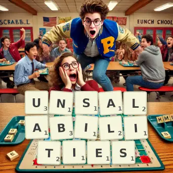 Creative illustration for a Scrabble game with the word UNSALABILITIES spelled out in tiles on the board.