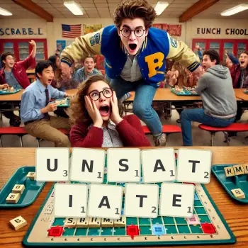 Creative illustration for a Scrabble game with the word UNSATIATE spelled out in tiles on the board.