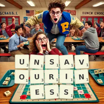 Creative illustration for a Scrabble game with the word UNSAVOURINESS spelled out in tiles on the board.