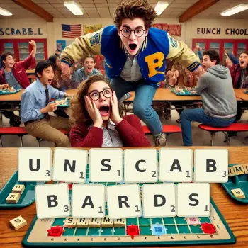 Creative illustration for a Scrabble game with the word UNSCABBARDS spelled out in tiles on the board.
