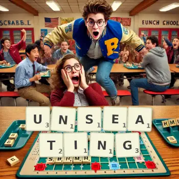 Creative illustration for a Scrabble game with the word UNSEATING spelled out in tiles on the board.