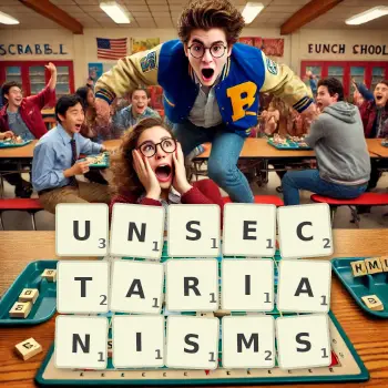 Creative illustration for a Scrabble game with the word UNSECTARIANISMS spelled out in tiles on the board.