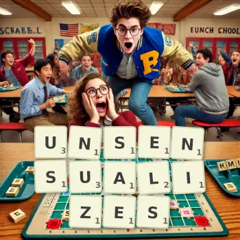 Creative illustration for a Scrabble game with the word UNSENSUALIZES spelled out in tiles on the board.