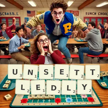 Creative illustration for a Scrabble game with the word UNSETTLEDLY spelled out in tiles on the board.