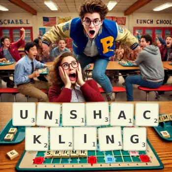 Creative illustration for a Scrabble game with the word UNSHACKLING spelled out in tiles on the board.