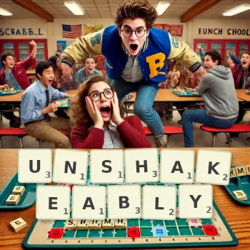Creative illustration for a Scrabble game with the word UNSHAKEABLY spelled out in tiles on the board.