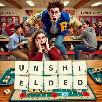 Creative illustration for a Scrabble game with the word UNSHIELDED spelled out in tiles on the board.