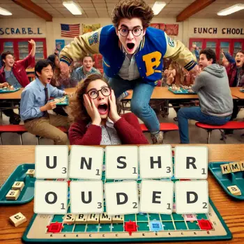 Creative illustration for a Scrabble game with the word UNSHROUDED spelled out in tiles on the board.