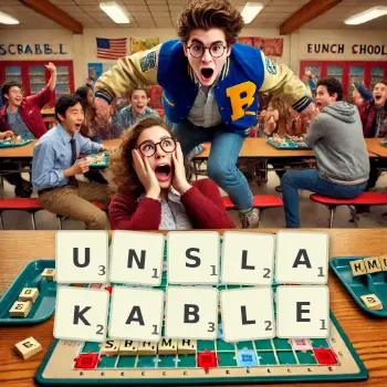 Creative illustration for a Scrabble game with the word UNSLAKABLE spelled out in tiles on the board.