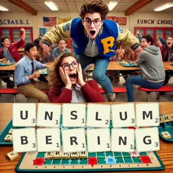 Creative illustration for a Scrabble game with the word UNSLUMBERING spelled out in tiles on the board.