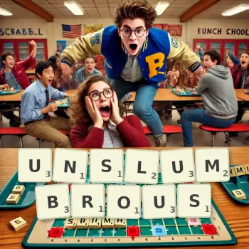 Creative illustration for a Scrabble game with the word UNSLUMBROUS spelled out in tiles on the board.