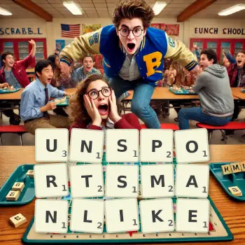 Creative illustration for a Scrabble game with the word UNSPORTSMANLIKE spelled out in tiles on the board.
