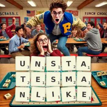 Creative illustration for a Scrabble game with the word UNSTATESMANLIKE spelled out in tiles on the board.