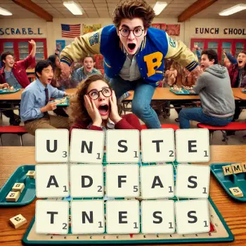 Creative illustration for a Scrabble game with the word UNSTEADFASTNESS spelled out in tiles on the board.