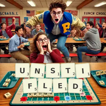 Creative illustration for a Scrabble game with the word UNSTIFLED spelled out in tiles on the board.