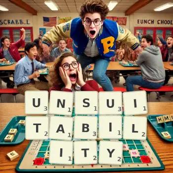 Creative illustration for a Scrabble game with the word UNSUITABILITY spelled out in tiles on the board.