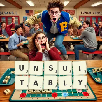 Creative illustration for a Scrabble game with the word UNSUITABLY spelled out in tiles on the board.