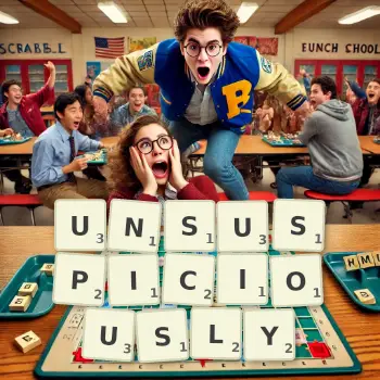 Creative illustration for a Scrabble game with the word UNSUSPICIOUSLY spelled out in tiles on the board.