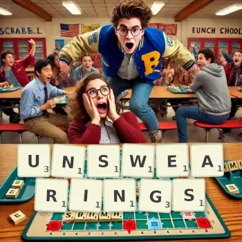 Creative illustration for a Scrabble game with the word UNSWEARINGS spelled out in tiles on the board.
