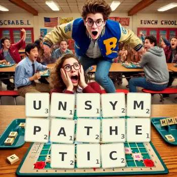 Creative illustration for a Scrabble game with the word UNSYMPATHETIC spelled out in tiles on the board.