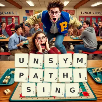 Creative illustration for a Scrabble game with the word UNSYMPATHISING spelled out in tiles on the board.