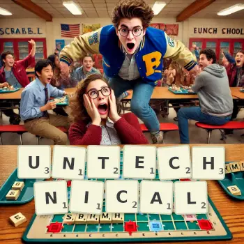 Creative illustration for a Scrabble game with the word UNTECHNICAL spelled out in tiles on the board.