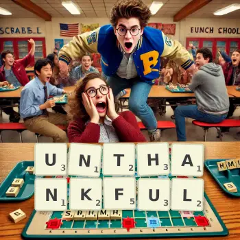 Creative illustration for a Scrabble game with the word UNTHANKFUL spelled out in tiles on the board.