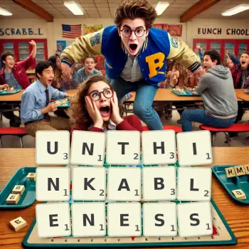 Creative illustration for a Scrabble game with the word UNTHINKABLENESS spelled out in tiles on the board.