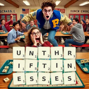 Creative illustration for a Scrabble game with the word UNTHRIFTINESSES spelled out in tiles on the board.