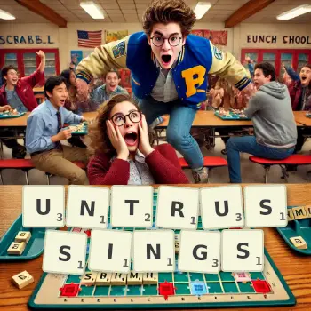 Creative illustration for a Scrabble game with the word UNTRUSSINGS spelled out in tiles on the board.